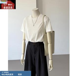 透气棉麻白色圆领宽松短袖 基础简约天丝亚麻上衣 t恤女205夏季 薄款
