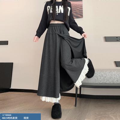 假两件屁帘毛呢半身裙裤女秋冬2025新款蕾丝拼接a字长裙灰色裤裙