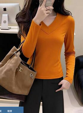 韩系小众橙色V领长袖针织衫女2025年秋季新款松弛感百搭显瘦上衣