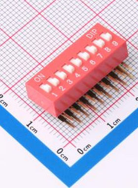 DT-09HT 2.54mm间距 9位 琴键式 90度弯插侧拨凸柄 红色 拨码开关