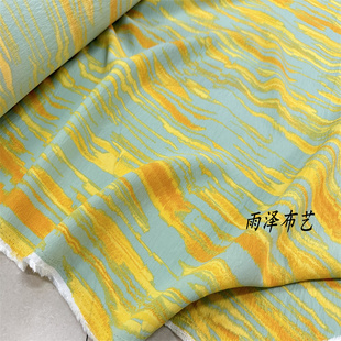 雨泽 薄款黄色＋绿色抽象油画风天丝棉布料 衬衫 汉服连衣裙吊带
