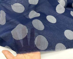 薄款夏季 微透藏青色低白色条纹大波点印花天丝麻布料 连衣裙汉服