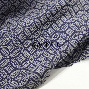 限量复古浅藏青色低铜钱提花涤棉混纺时装布料 旗袍连衣裙汉服