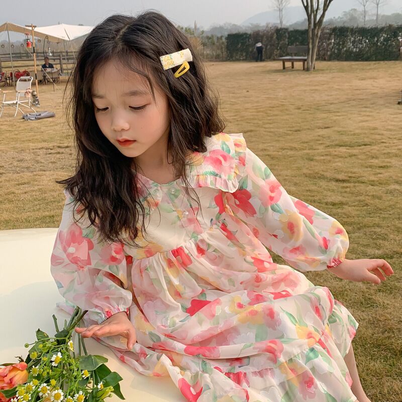 2022早春新款时尚洋气宝宝公主裙  韩版女童大翻领雪纺大花连衣裙
