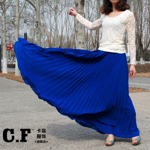 独家爆款 高腰拖地宝蓝色百褶裙长裙松紧腰风琴裙半身裙女 1米长款