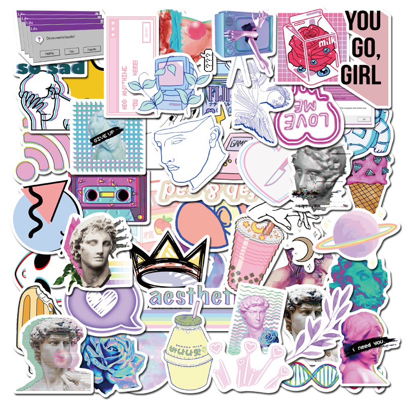 50张可爱迷幻蒸汽波ins贴画VSCO女孩文艺笔记本电脑手机杯子贴纸