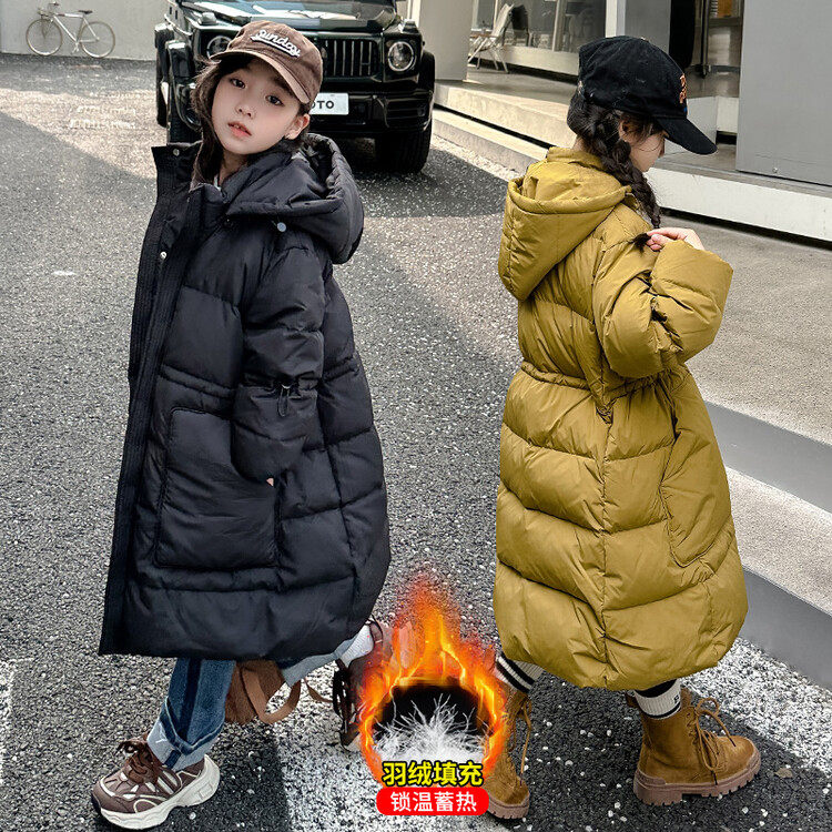 女童爆款长款羽绒服儿童冬装2025新款中大童时尚宽松收腰保暖外套