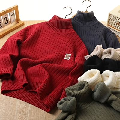 男童高领一体绒毛衣2025新款儿童装加厚保暖中大童加绒百搭针织衫