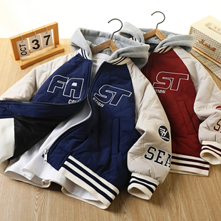 男童夹棉外套秋冬款2026儿童装绗棉加厚中大童男孩拼色连帽棒球服