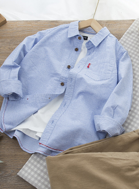 法单剩余～品质儿童纯棉衬衣2026春秋季男童条纹长袖蓝色休闲衬衫