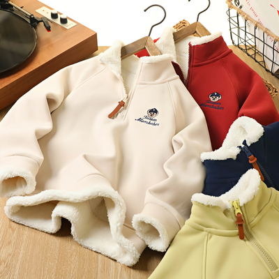 男童加绒卫衣冬季新款2025儿童立领半拉链中大童加厚保暖内搭上衣