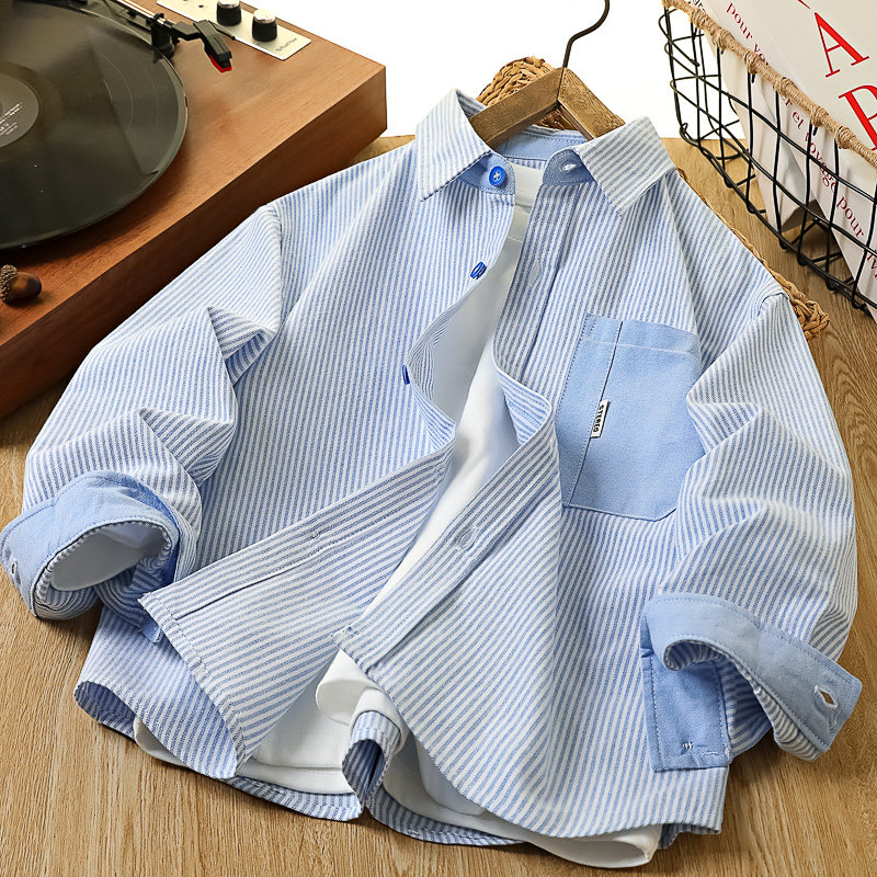 儿童拼接衬衫春秋季2026新款男童装中大童休闲上衣内搭外穿衬衣潮