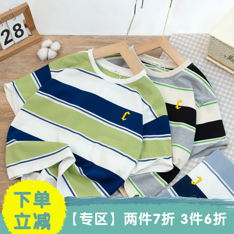 男童休闲圆领条纹短袖T恤