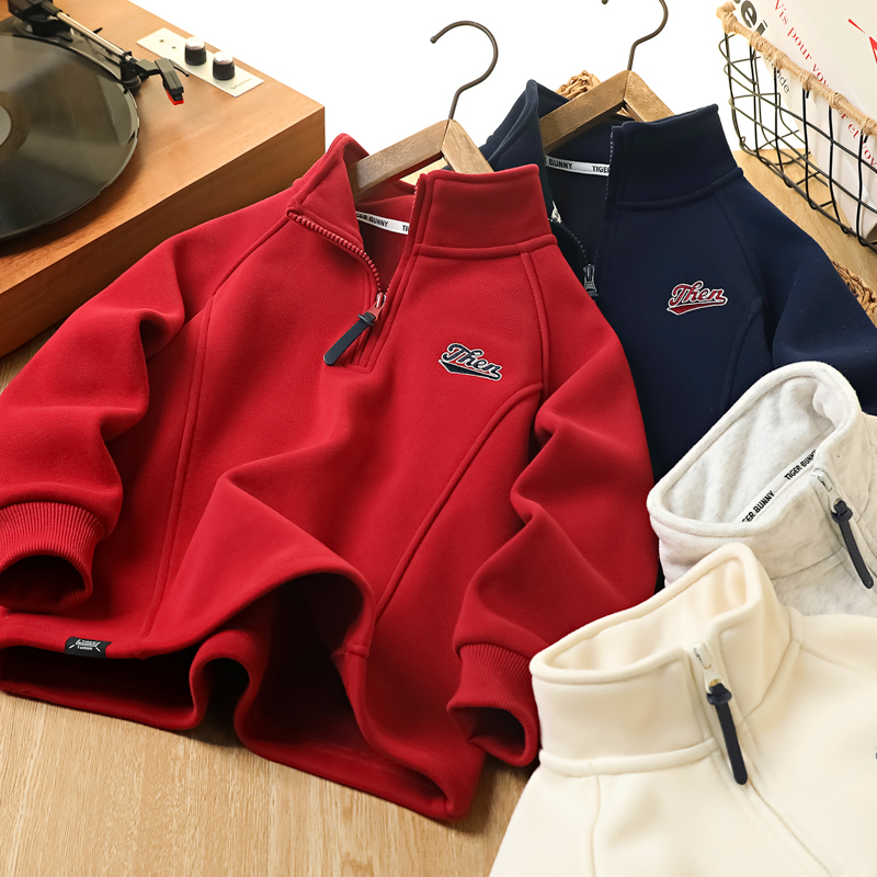 男童加绒卫衣冬季新款2025儿童装洋气刺绣半拉链中大童保暖打底衫