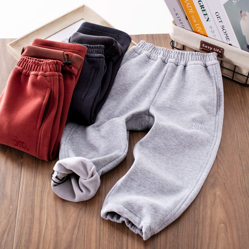 男童冬季加绒裤子2025新款中大童男孩脚口抽绳镰刀裤儿童运动长裤