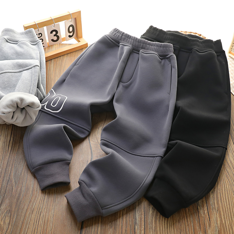 儿童加绒裤子2025秋冬季款男童字母印花加厚保暖休闲运动裤