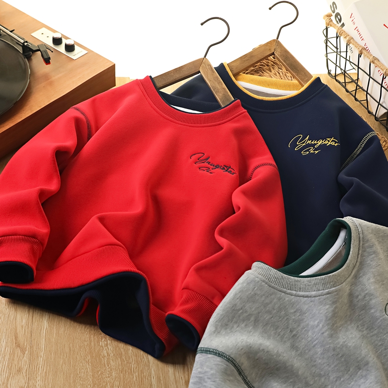 男童加绒卫衣冬季新款2025儿童红色新年加厚保暖中大童撸猫绒上衣