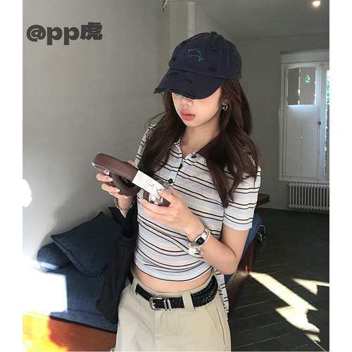 pp虎现''五线谱''夏季美式撞色翻领宽松百搭绑带polo短袖T26531