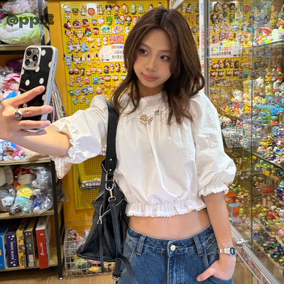 pp虎''栀子花''夏季泡泡袖蕾丝边短款少女上衣五分袖