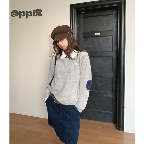 pp虎“补丁毛衣”粗针圆领撞色休闲套头叠穿毛衣SWT26934