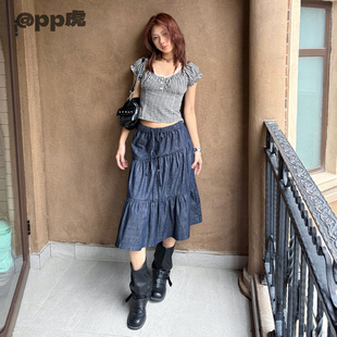 pp虎现''小巴黎''夏季新款泡泡袖方领格子花边百搭短款衬衫S26350