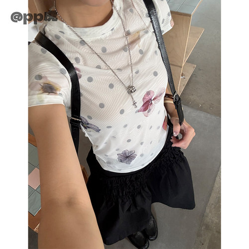 pp虎''花田错''夏季新款印花波点网纱显瘦短袖T恤S26331