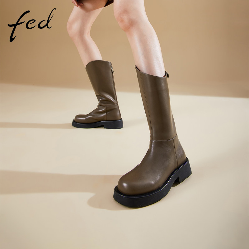 fed高级感头层牛皮秋冬女鞋厚底粗跟真皮靴子女高筒骑士西部靴女