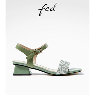 女鞋 真皮法式 气质一字带凉鞋 fed粗跟凉鞋 R0515 新款 女款 ZF085 夏季