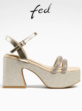 fed一字带增高金色凉鞋夏季新款女鞋亮片高跟凉鞋女款D0420-YA859