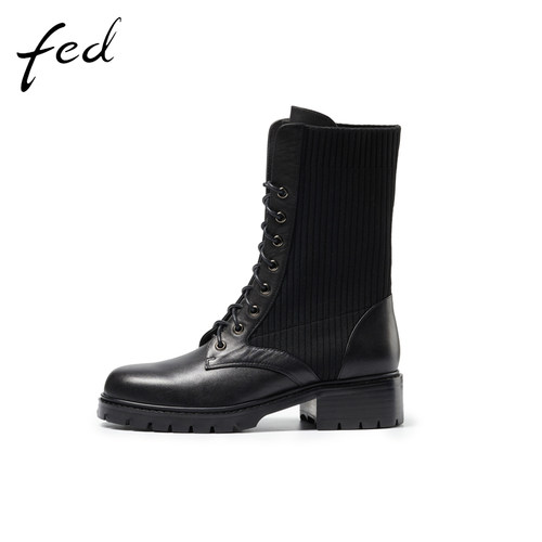 fed厚底马丁靴女新款黑色真皮透气时尚炸街增高秋款短靴806-YA373