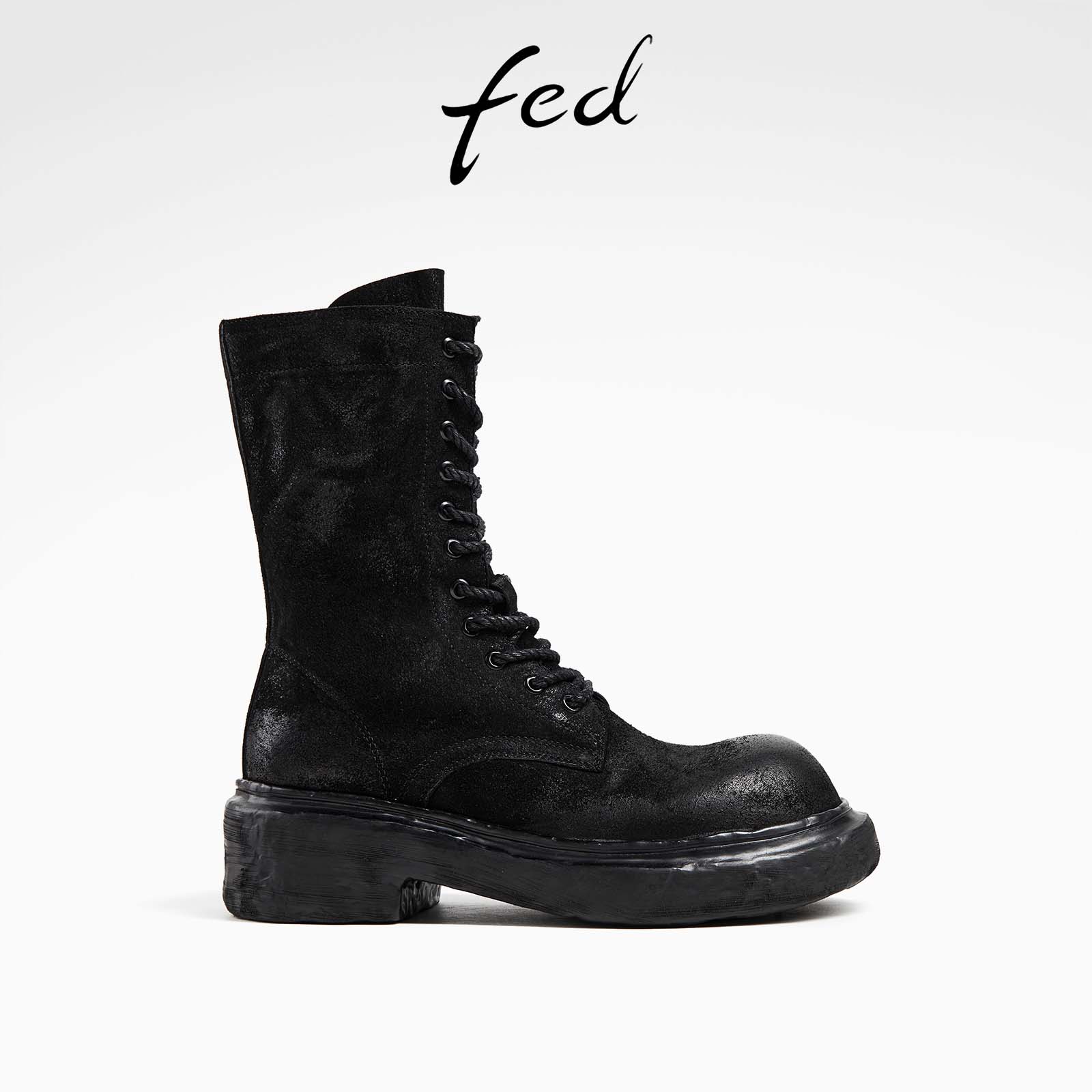 fed复古猎装羊皮秋冬女鞋真皮粗跟厚底靴子女中筒马丁靴骑士靴女