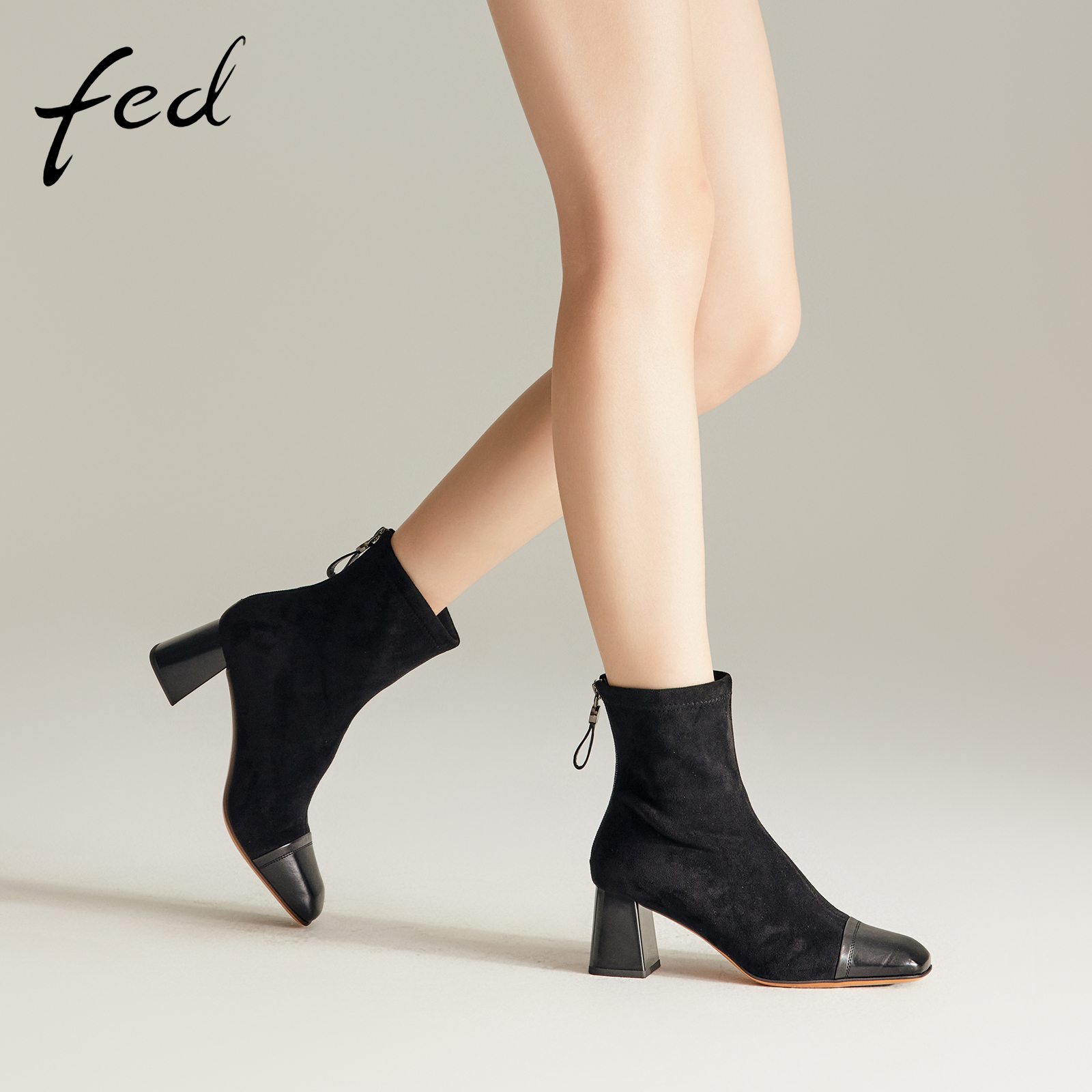 fed高丝光绒胎牛皮秋冬女鞋方头粗高跟靴子女短靴马丁靴时装靴女