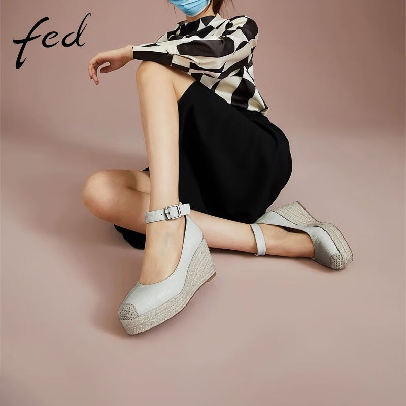 FED坡跟女鞋2023年春季新款真皮浅口单鞋气质高跟鞋R0222-YAB285
