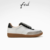 秋季 真皮平底复古运动休闲鞋 女翻盖板鞋 fed头层牛皮女鞋 德训鞋 女