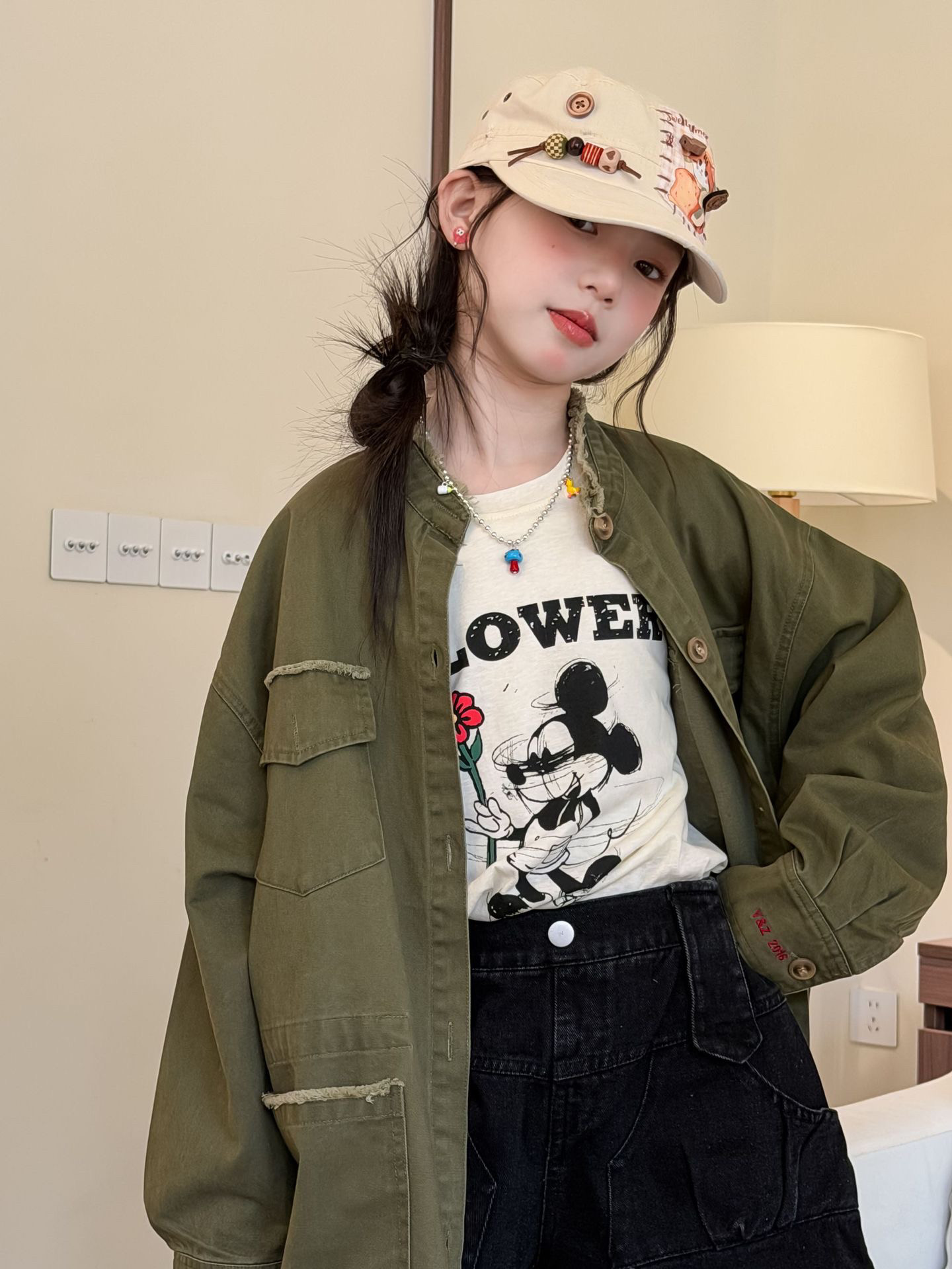 甜甜家 女童美式复古军绿色夹克外套秋装儿童时髦洋气中长款上衣