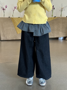 甜甜家 女童假两件牛仔裤 带屁帘2025秋儿童中大童洋气百搭阔腿裤