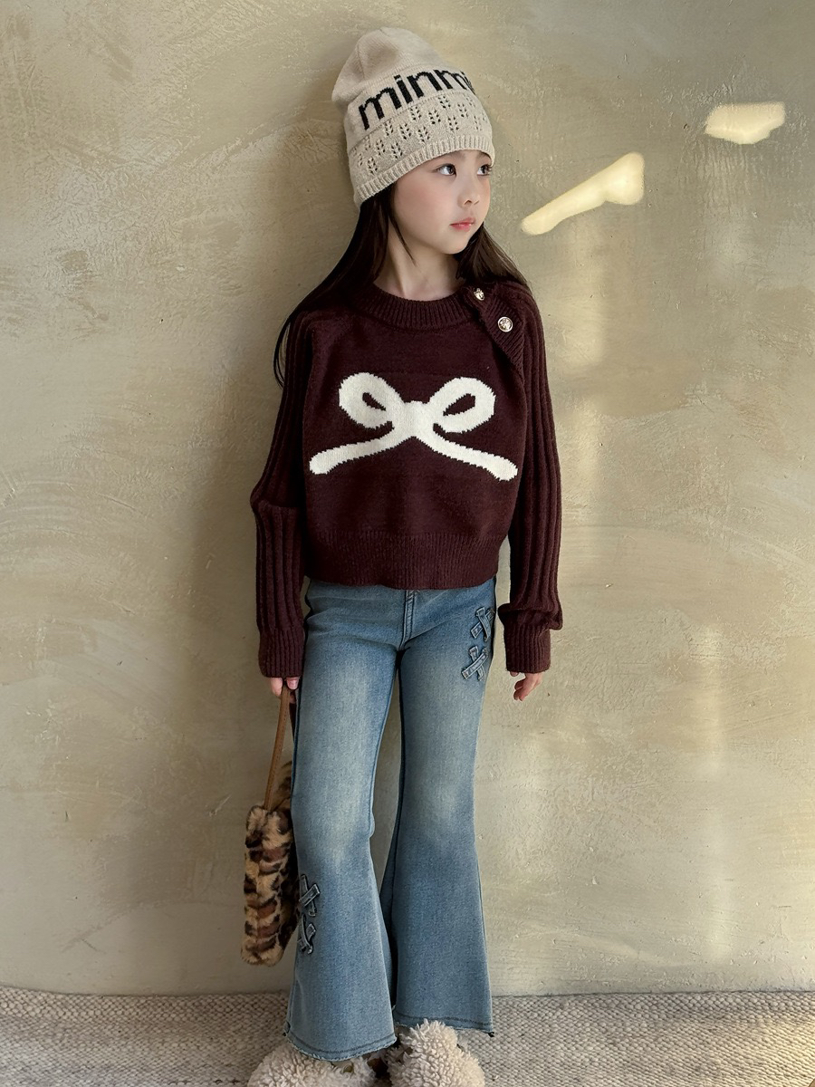 甜甜家 女童韩系蝴蝶结毛衣套头打底2025秋冬儿童洋气针织上衣ins