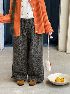 儿童复古休闲长裤 甜甜家 新款 女童辣妹豹纹印花直筒裤 子 2025秋季