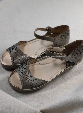 仅7对~纯原！清仓~可奔跑运动底时髦一字带绿色真皮罗马坡跟凉鞋