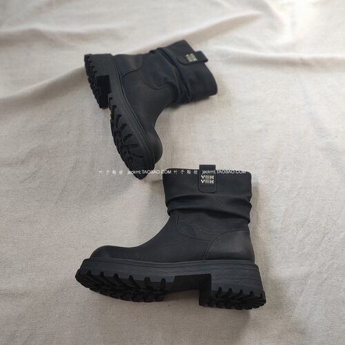 纯原！超值福利~时髦咖色新款短靴女压纹牛皮梨花靴牛仔靴加绒靴