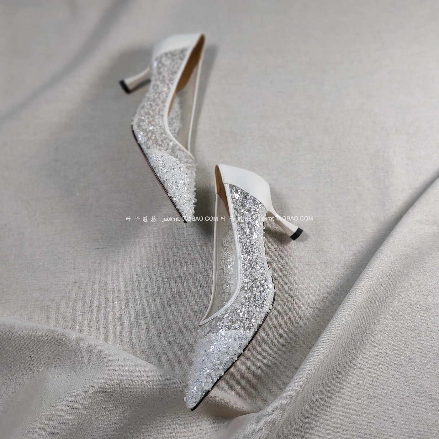 仅1对~纯原！晚宴礼服鞋尖头高跟纯洁白色洋气水钻珠子真皮细跟鞋