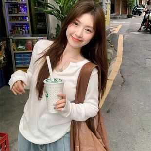 薄款 HM基础款 女秋冬季 白色V领长袖 宽松慵懒风显瘦针织上衣t 打底衫