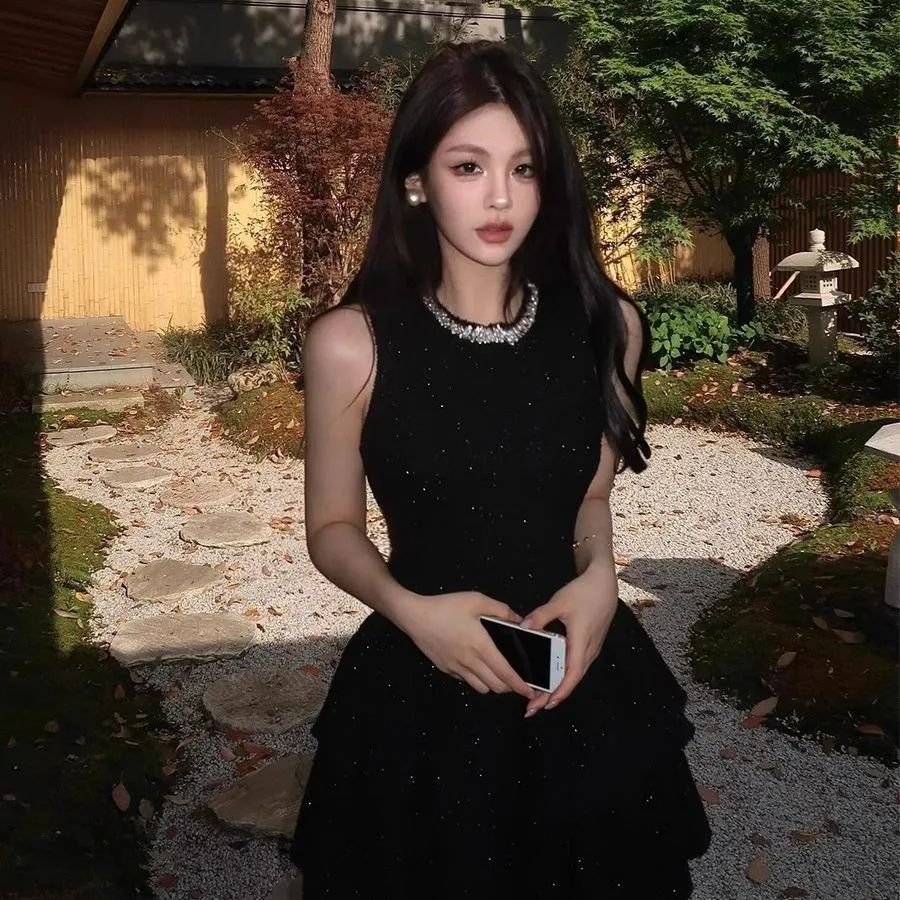 HM新款绝美辣妹收腰连衣裙女装法式千金感小黑裙生日礼裙短裙子