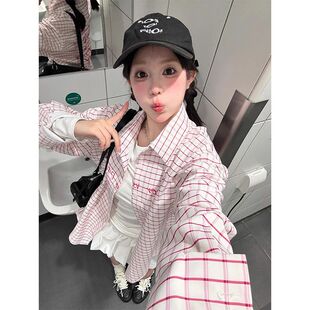 女春夏开衫 HM国粉色格子POLO领防晒衬衫 感宽松显瘦衬衣