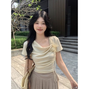 HM不規則韓系修身 收腰顯瘦上衣 T恤女夏立體蝴蝶系帶蕩領短款