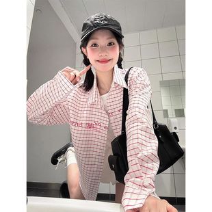 HM秋季 宽松显瘦衬衣 国粉色格子POLO领防晒衬衫 女感开衫