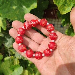 淄博古法老琉璃红色葫芦桶珠鼓珠手链古珠老珠子收藏琉璃手串