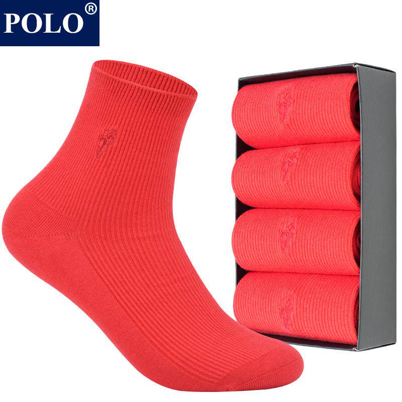 polo本命年红袜子女款纯棉秋冬季鸿运女士中筒袜喜庆婚庆礼盒装