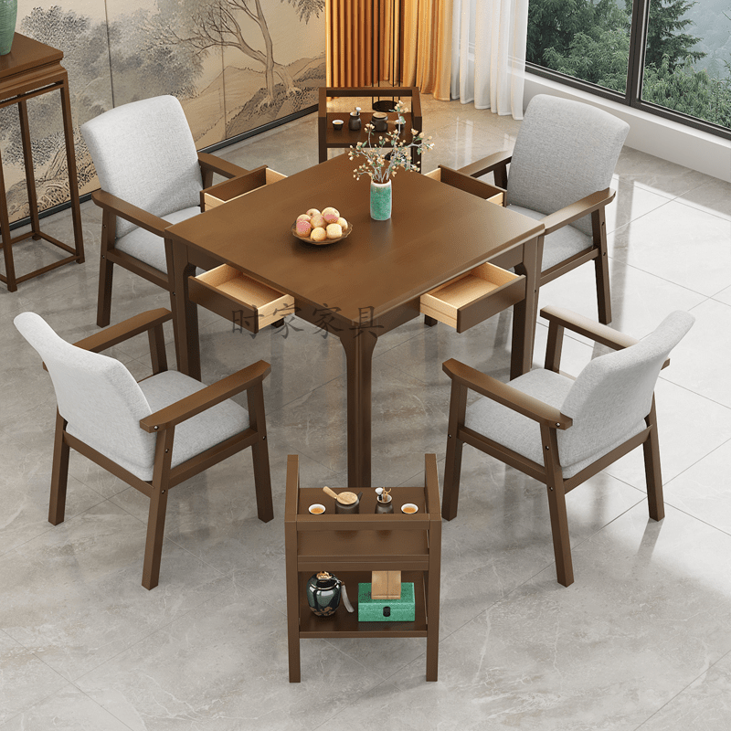 正方形八仙桌餐桌带抽屉棋牌实木手搓四方桌家用掼蛋桌扑克小桌子