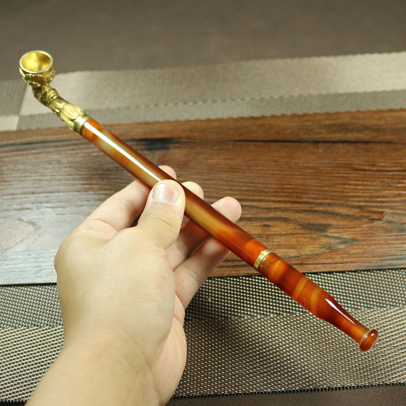 新品玛瑙烟锅玉石烟嘴老式烟袋锅加长龙头烟袋杆可拆卸短款烟斗